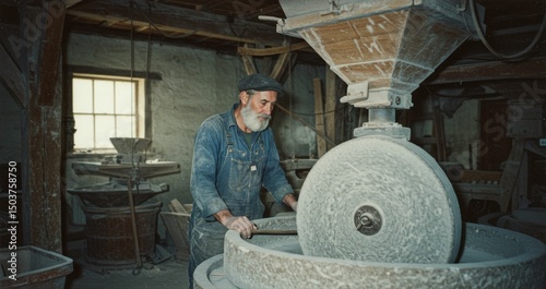 Vintage miller inspecting stone mill machinery with focus on craftsmanship details