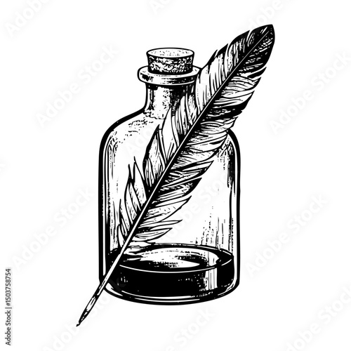 quill pen next to an inkwell sketch engraving black and white outline. Scratch board imitation.  illustrated in vintage line art style on a white background.