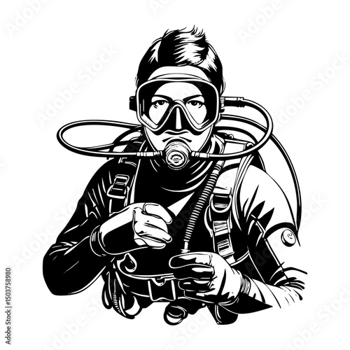 Scuba diving sketch engraving black and white outline. Scratch board imitation.