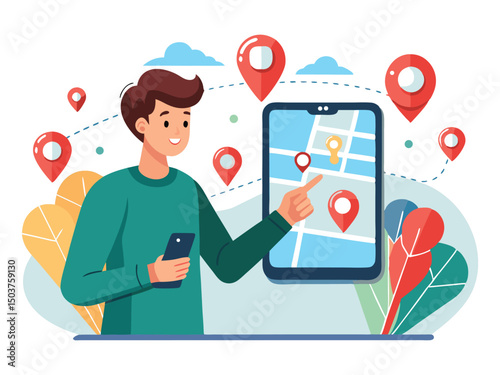 Man using mobile map app for navigation isolated on white background
