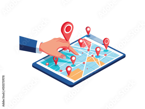 Hand using tablet gps map app isolated on white background
