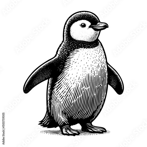 Penguin engraving black and white outline. Scratch board imitation.  illustrated in vintage line art style on a white background.