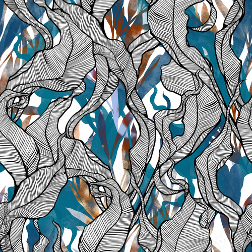 Fantastic underwater algae. Boho chic floral seamless pattern. Hand drawn endless motif in watercolour and digital. Mixed media botanical design for textile, fabric, packaging, decoupage, prints.