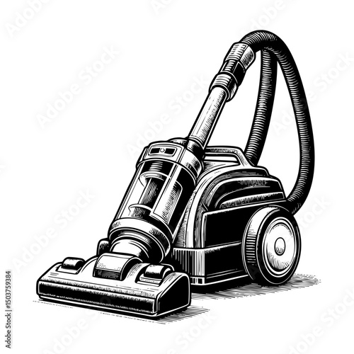Vacuum cleaner sketch engraving black and white outline. Scratch board imitation.  illustrated in vintage line art style on a white background.