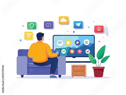 Man using smart tv and apps isolated on white background
