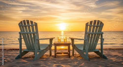 Serene Beach Sunset View: Two Empty Adirondack Chairs on Deck Overlooking Calm Ocean and Vibrant Sky - Perfect for Relaxation and Vacation Themes. 