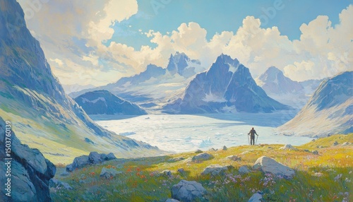 고독한 등산가와 웅장한 산맥의 조화 (Solitary Climber and Majestic Mountain Range)