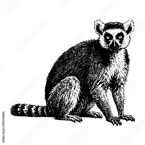 Lemur sketch engraving black and white outline. Scratch board imitation.