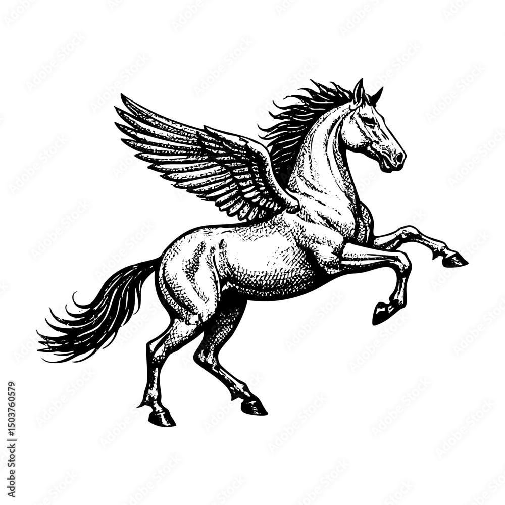 Pegasus sketch engraving black and white outline. Scratch board imitation.  illustrated in vintage line art style on a white background.