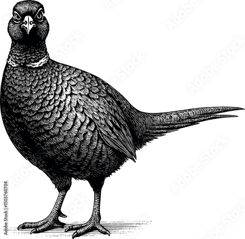 Pheasant full body side view and facing towards the front vector black silhouette cricut print design isolated on a plain white background