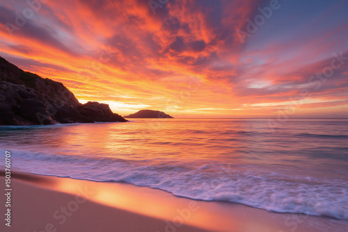 sunset over the ocean with a beach in the foreground