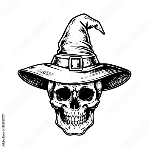 Skull wear witch hat engraving black and white outline. Scratch board imitation.  illustrated in vintage line art style on a white background.