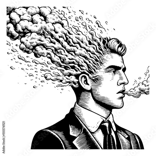 man with smoke emerging from his head sketch engraving black and white outline. Scratch board imitation.