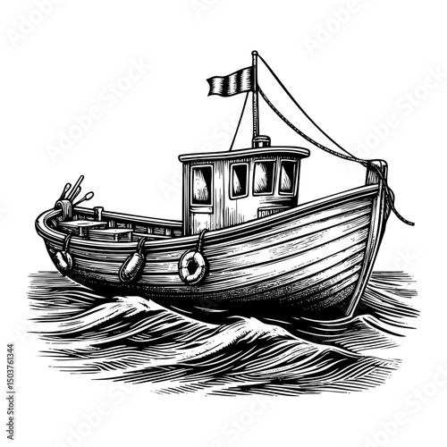 fishing boat sketch engraving black and white outline. Scratch board imitation.