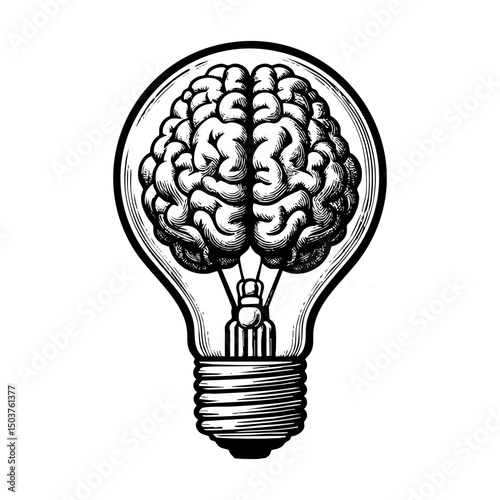 brain inside bulb lamp sketch engraving black and white outline. Scratch board imitation.