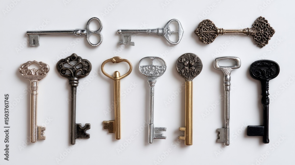 Old Keys Collection: A stunning top-down shot showcases a variety of antique keys, each with unique designs and historical charm, arranged against a simple, neutral backdrop. Old Keys Collection: A stunning top-down shot showcases a variety of antique keys, each with unique designs and historical charm, arranged against a simple, neutral backdrop.