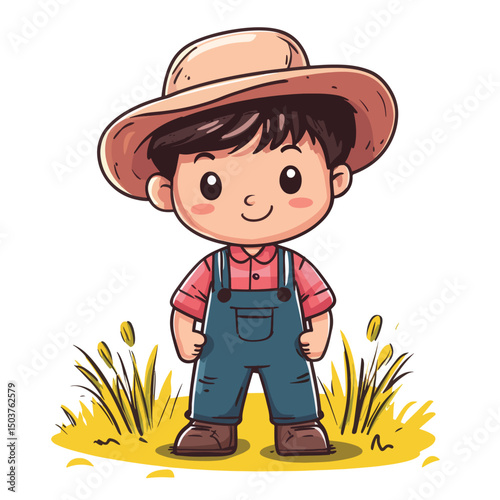 Cheerful Cartoon Boy Farmer in Overalls and Hat