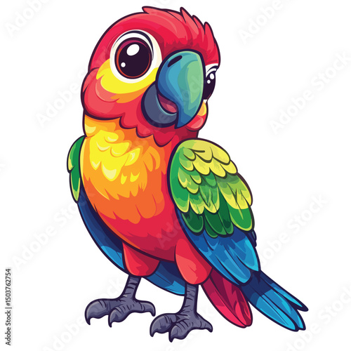 Cartoon parrot with vibrant rainbow plumage and oversized eyes looking sideways