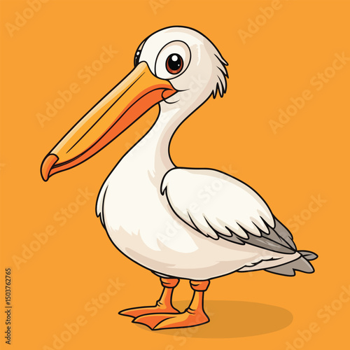 Cartoon Pelican with Orange Beak and Feet Standing Sideways