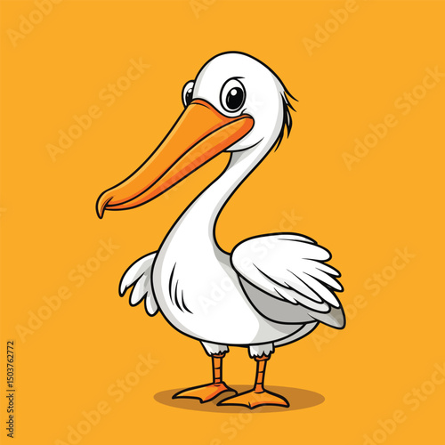 Cartoon Pelican with Orange Beak and Feet Standing Tall