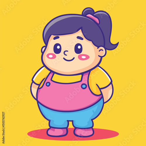 Cartoonish Chubby Child with Ponytail and Overalls Smiling Cheerfully