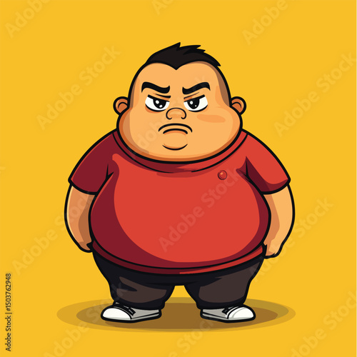Cartoonish grumpy man with a red shirt and sneakers standing sternly