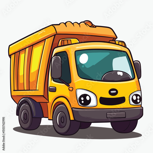Cartoonish Yellow Dump Truck with Oversized Eyes and Bold Black Outlines