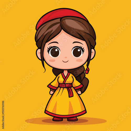Cheerful Anime Girl in Yellow Hanbok and Red Bonnet