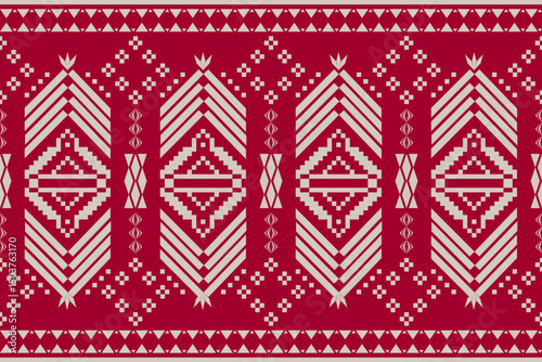 Ethnic pattern seamless of geometric triangle, line and diamond shape on red background. Ethnic motifs design with concept of color tone, art, vintage, batik, fashion for wallpaper, cover, texture.