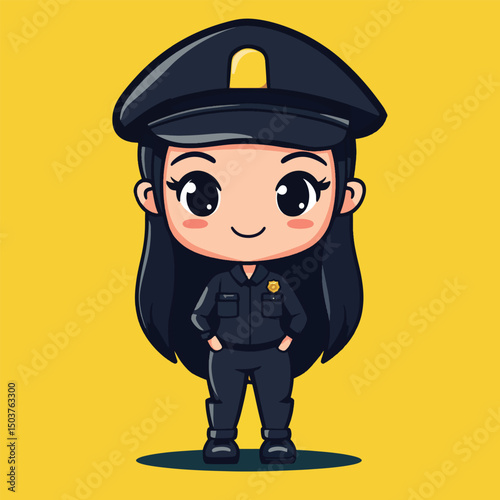 Cheerful Anime Policewoman with Long Black Hair