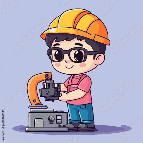 Cheerful Boy Engineer with Glasses Operating Industrial Machinery