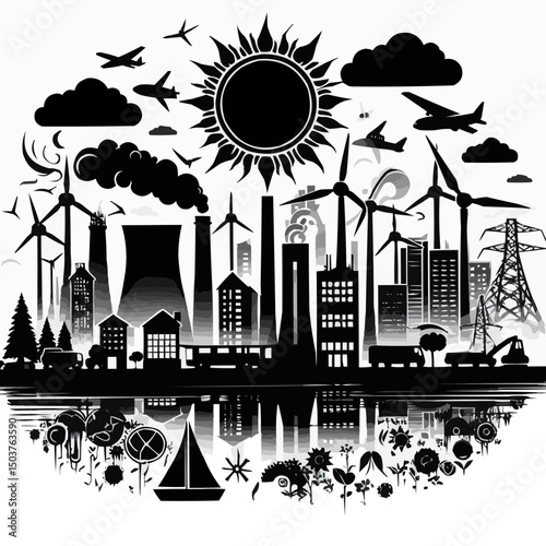 Vector combination of solar panel and wind turbine as a symbol of green energy solution. Suitable for presentations, infographics and clean energy campaigns