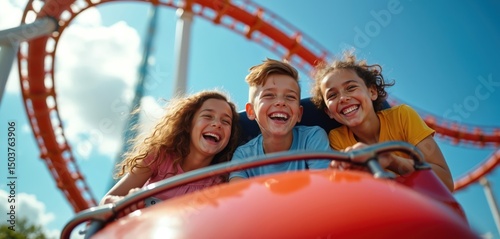 Happy kids ride roller coaster at amusement park. Joyful faces, big smiles against blue sky. Fun vacation concept. Thrill, adventure, excitement on summer holiday. Entertainment, family fun at theme