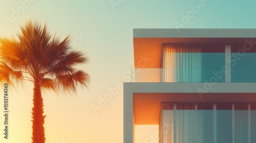 Modern architectural design featuring palm tree and sunset lighting