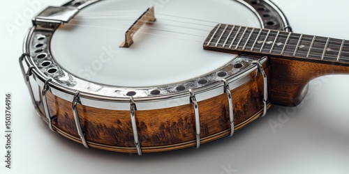 Obraz na płótnie Five string banjo resting on white background in close up view