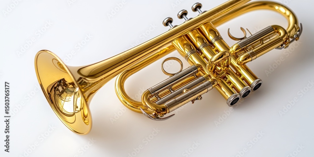 Obraz premium Shiny brass trumpet lying on white background