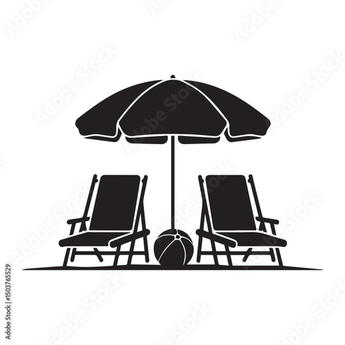 Beach Relaxation Vector – Umbrella with Chairs and Ball in Summer Silhouette