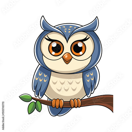 Adorable Blue Cartoon Owl on Branch

