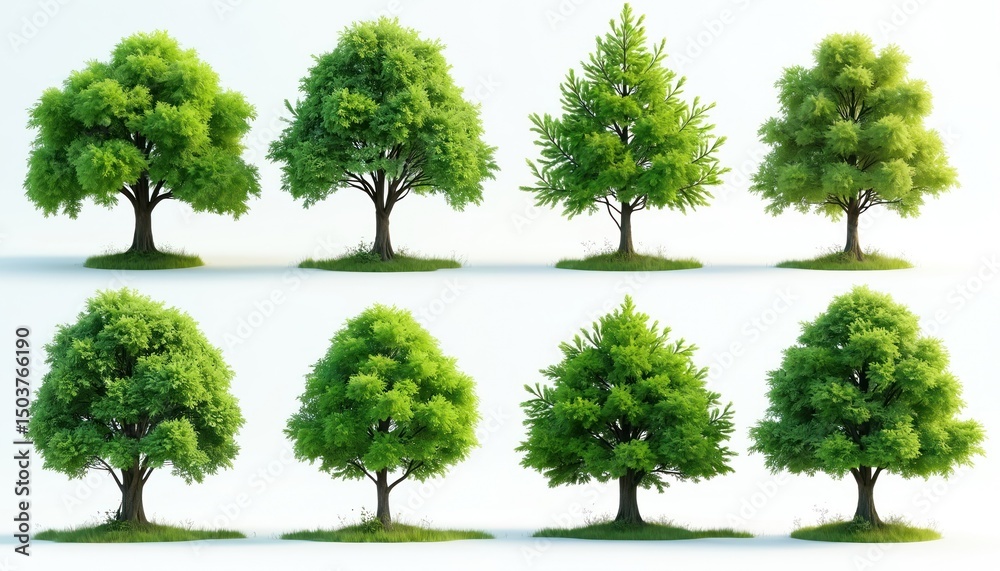 Fototapeta premium Set of green trees isolated on white background. Variety of leafy trees. Perfect for eco projects, design projects. Illustrations suitable for forest environment, nature themes, eco concepts, graphic