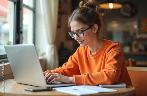 Young woman copywriter working on laptop in cafe. Smiling attractive female wearing eyeglasses types on computer. Creative job, modern workplace, freelance. Content creation, digital marketing, web