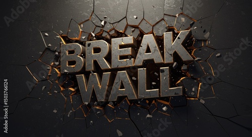 Cracked wall breakage with a grunge-style 3D vector text effect.