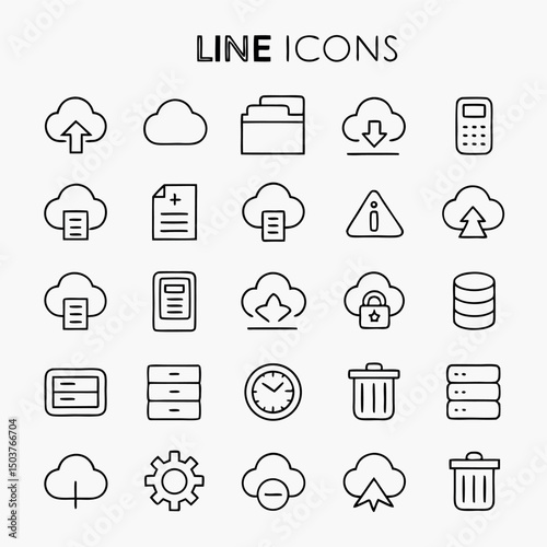 Set of line icons related to data exchange, traffic, files, cloud, server. Outline icon collection. Editable stroke. Vector illustration