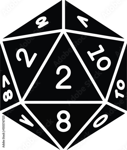 Black and white ten sided die illustration