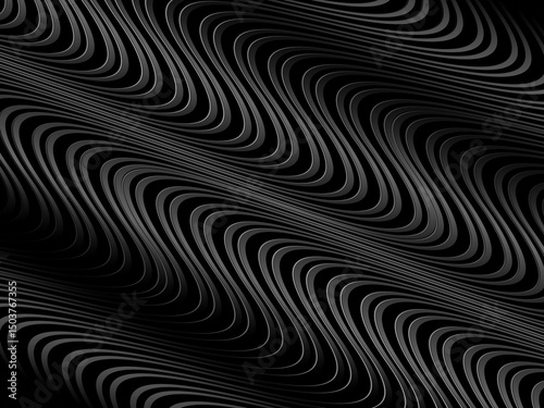 Black abstract background design. Modern wavy lines (guilloche curves) pattern in monochrome colors. Premium line texture for banner, business background. Dark horizontal vector template.