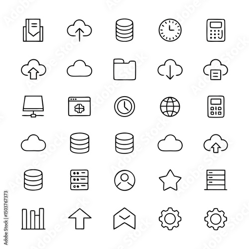 Set of line icons related to data exchange, traffic, files, cloud, server. Outline icon collection. Editable stroke. Vector illustration