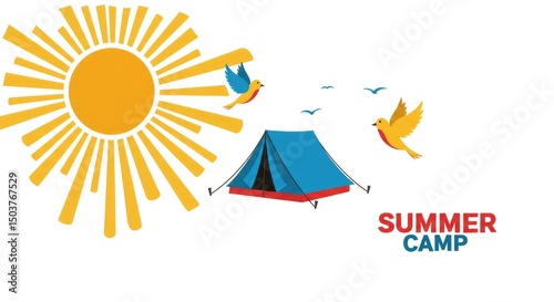 Summer camp banner with sun and birds.