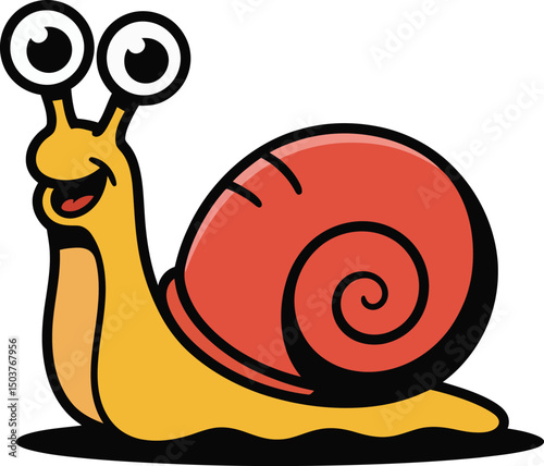 A cheerful cartoon snail with big eyes and a red shell