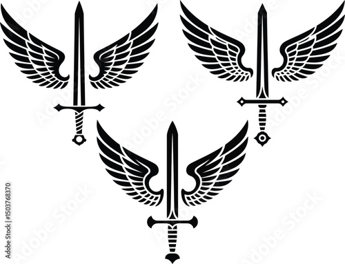 Silhouette variations of a winged sword design in black