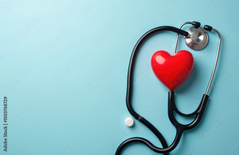Black stethoscope near red heart on blue backdrop. Health care, cardiology concept. Medicine equipment, treatment, diagnosis. Medical instrument, doctor tool, healthcare symbols. Cardiology Black stethoscope near red heart on blue backdrop. Health care, cardiology concept. Medicine equipment, treatment, diagnosis. Medical instrument, doctor tool, healthcare symbols. Cardiology