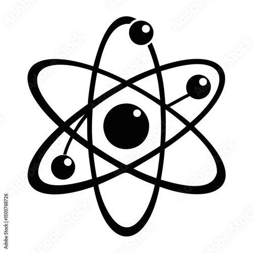 Illustration of a black and white atom model with electrons orbiting the nucleus in a science diagram